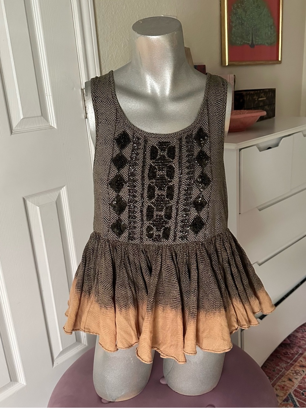 Anthropologie Akemi + Kin Tan & Black Sequin Embellished Fairy Peplum Top